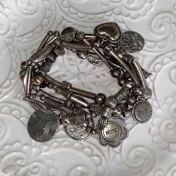 Lia Sophia Menagerie Charm Stretch Multi Strand Matte Silver Bracelet Bohemian - Picture 9 of 11